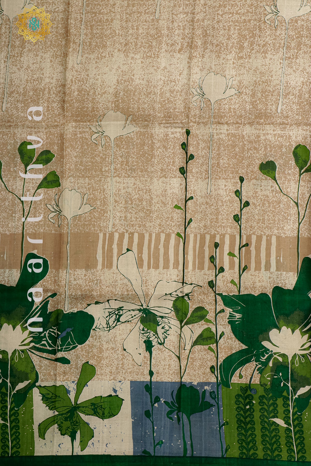 BIEGE WITH BROWN & GREEN - PURE MULBERRY SILK WITH DIGITAL PRINT