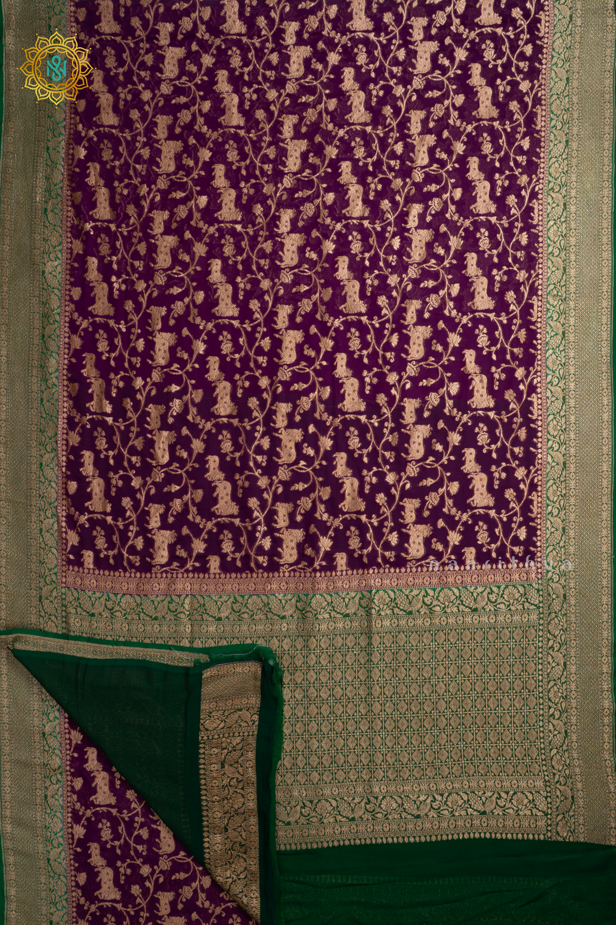 Purple With Green Pure Banarasi Khaddi Georgette Allover Antique Zari Brocade Weaves On The Body With Contrast Zari Border & Pallu