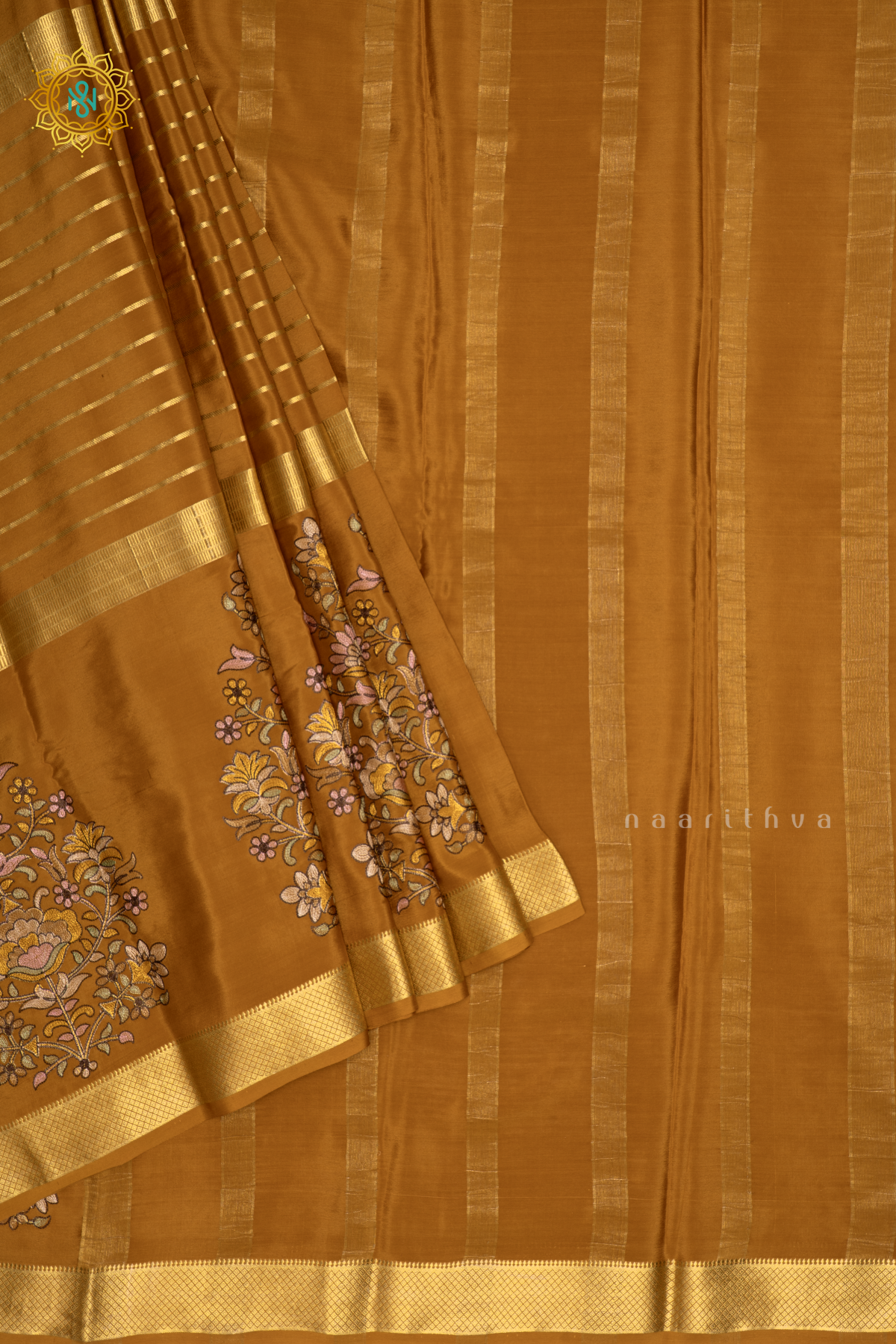 Light Brown Pure Mysore Crepe SIlk Saree With Zari Striped Body and Zari Printed Gap Border