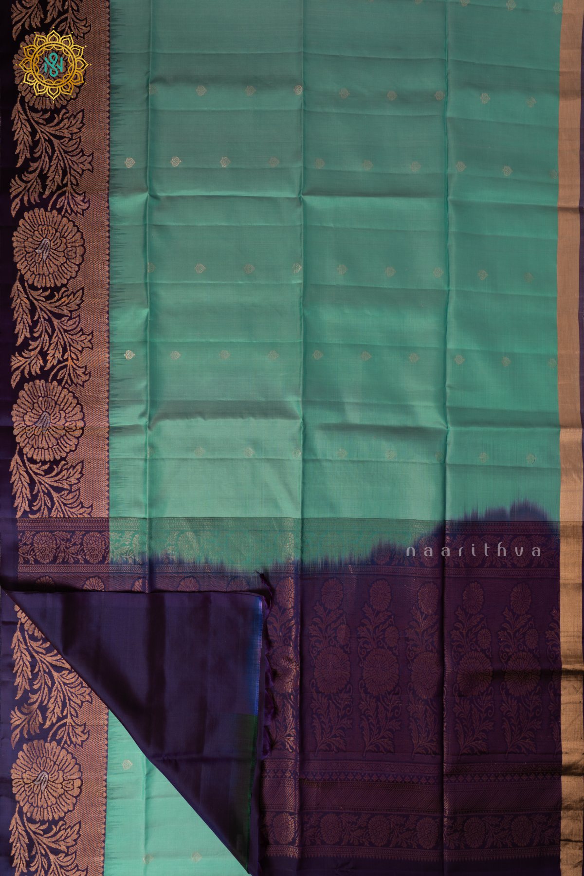 Aqua Blue With Purple Pure Kanjivaram Soft Silk Saree With Allover Zari Buttas & Contrast Zari Border