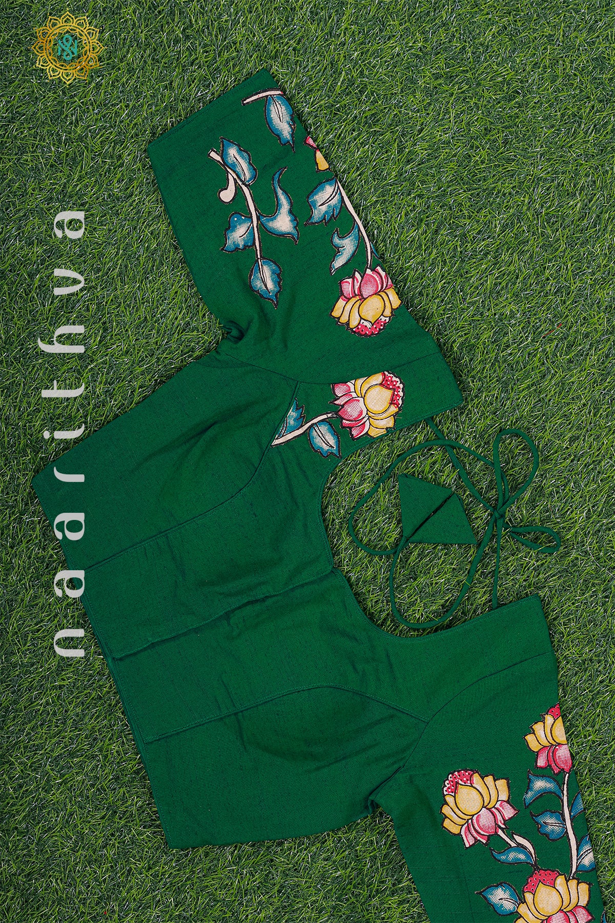BOTTLE GREEN - READYMADE RAW SILK WITH APPLIQUE WORK BLOUSE
