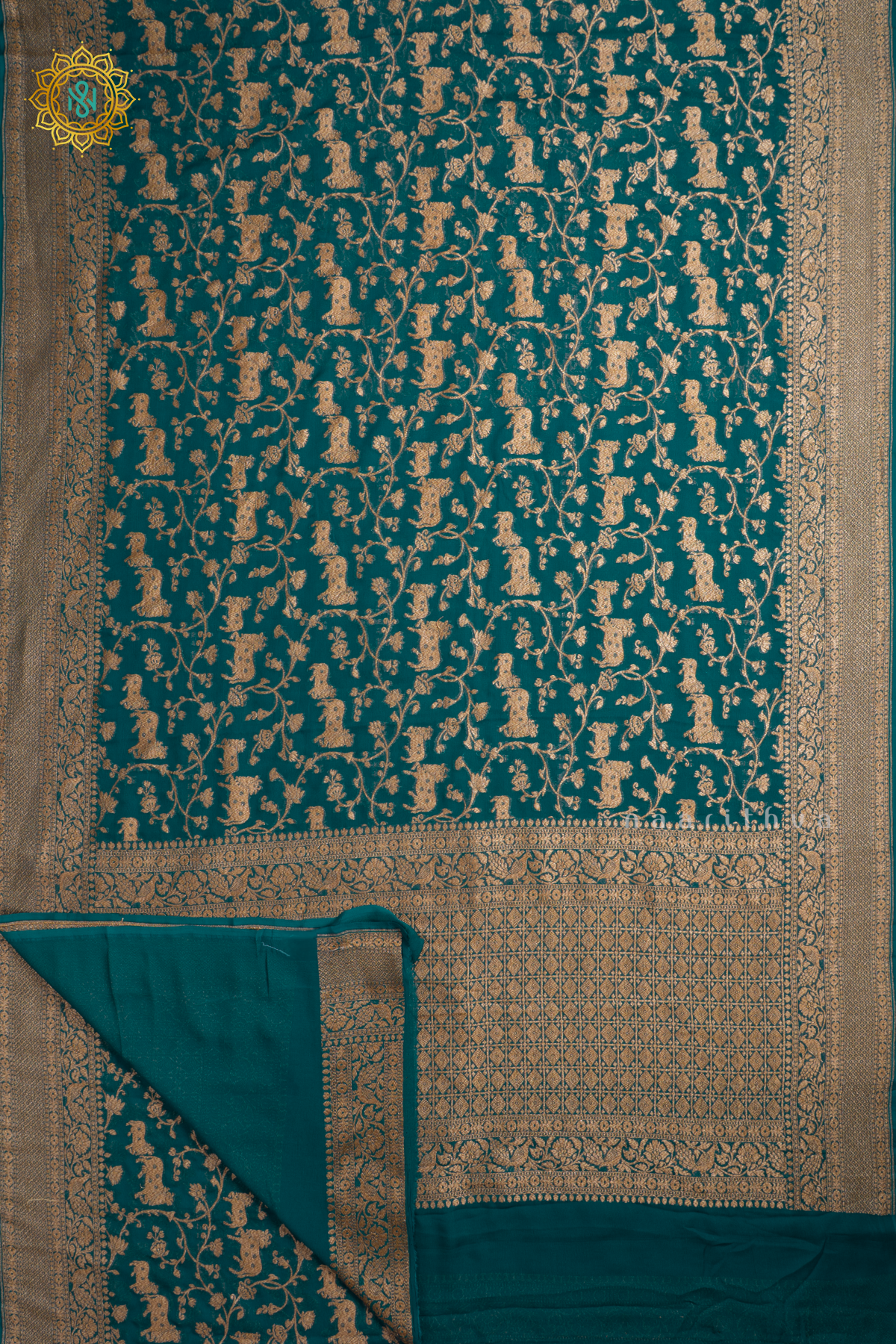 Cyan Blue Pure Banarasi Khaddi Georgette Allover Antique Zari Brocade Weaves On The Body With Contrast Zari Border & Pallu