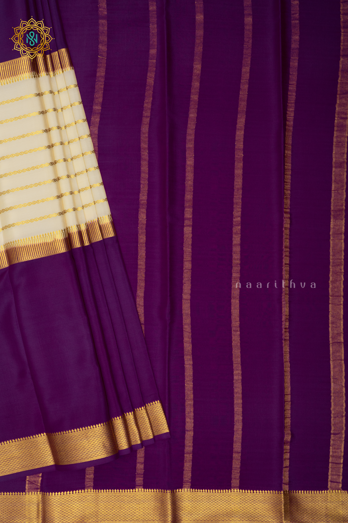 WHITE WITH PURPLE - PURE MYSORE CREPE SILK