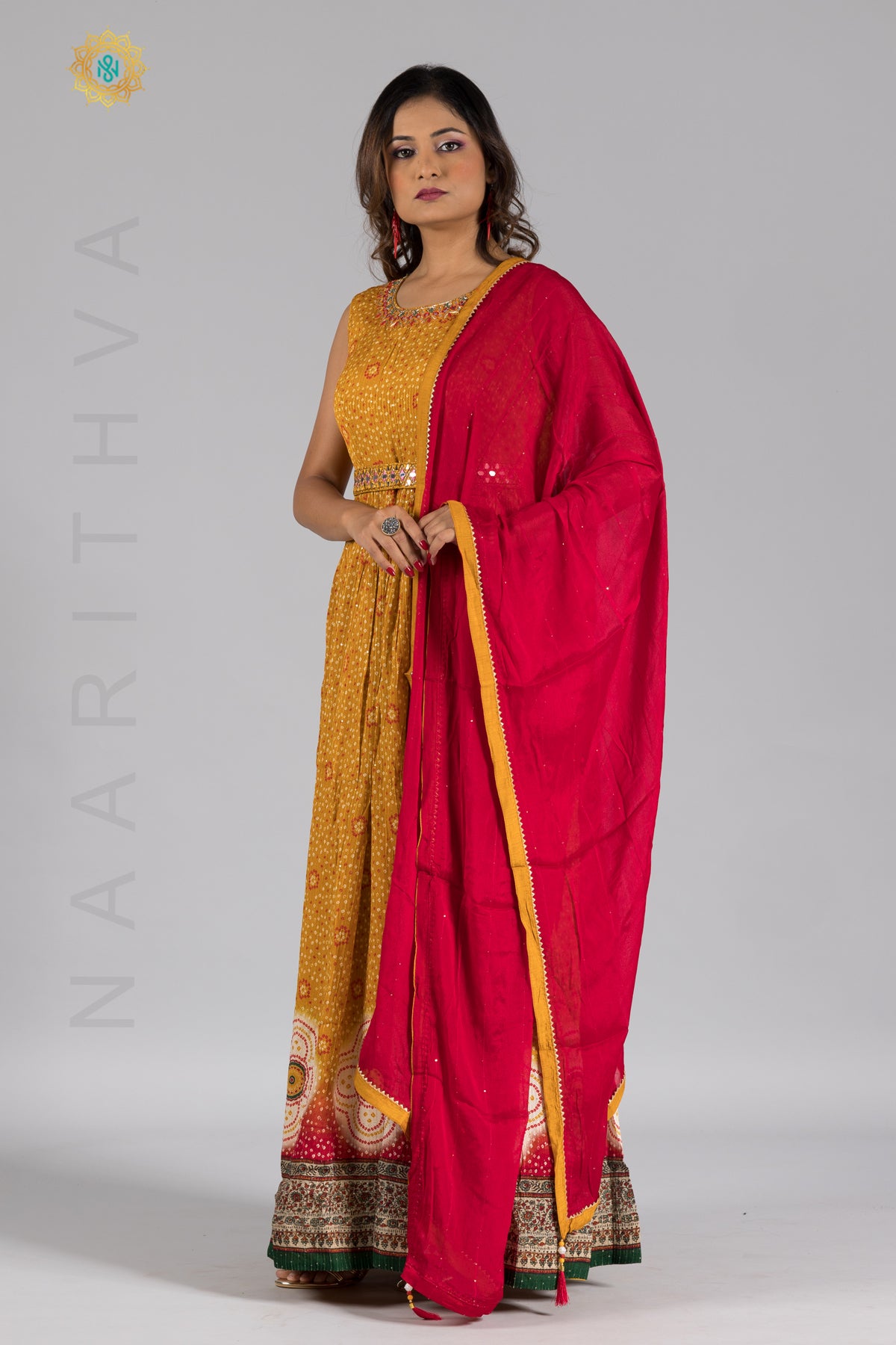 YELLOW WITH RED - PARTY WEAR GOWN WITH NECK LINE HAND WORK & DUPATTA