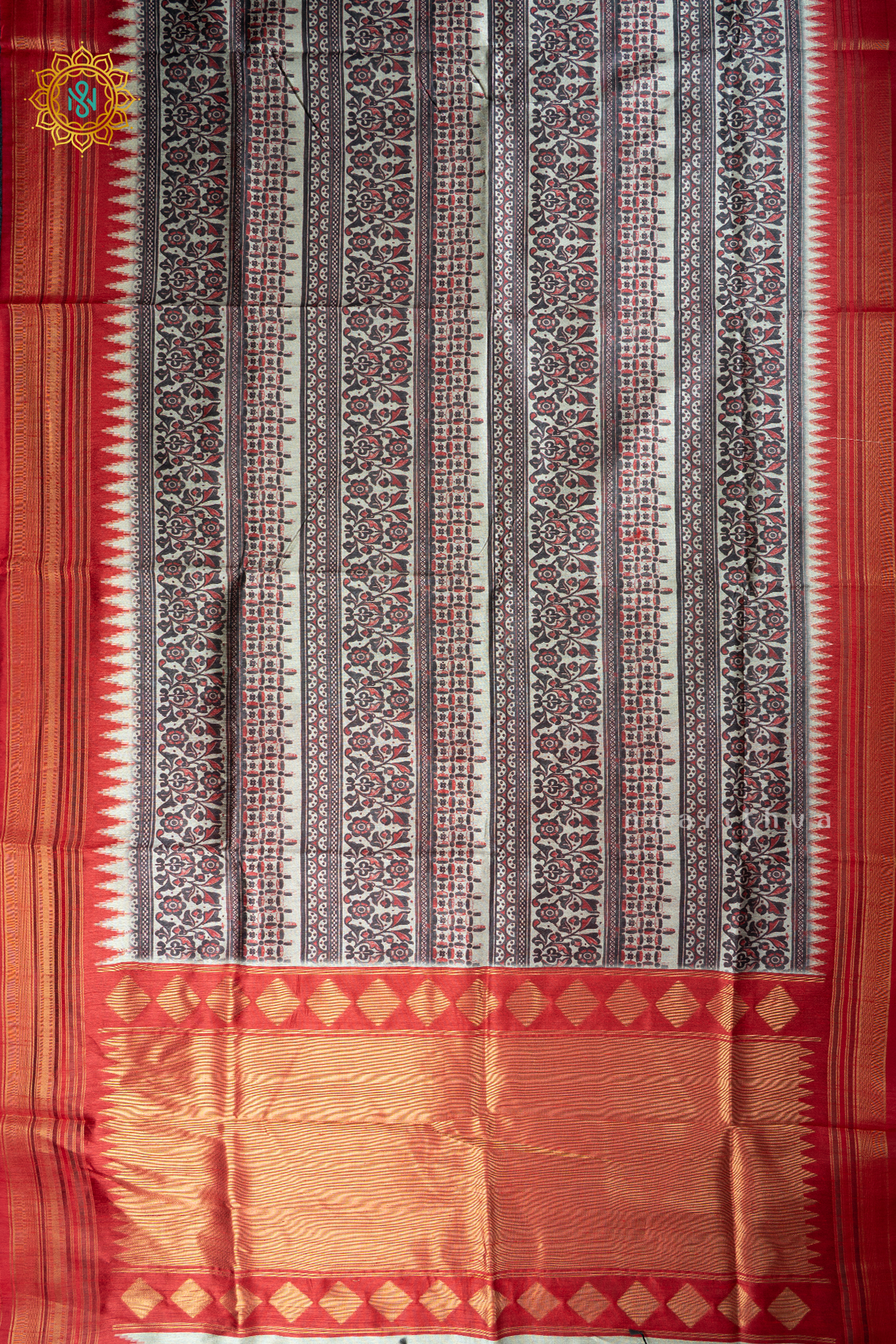 Black With Red Semi Tussar Silk With Printed Body With Zari Border & Pallu