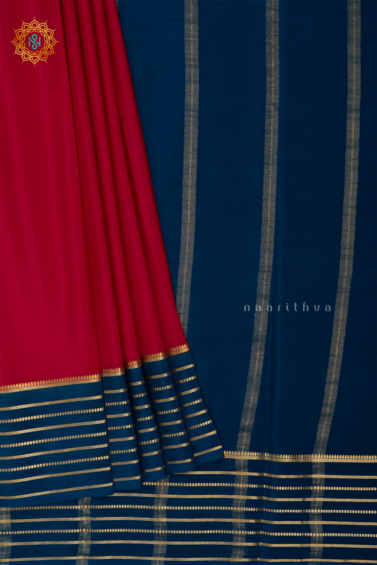 PINK WITH PEACOCK BLUE - PURE MYSORE CREPE SILK