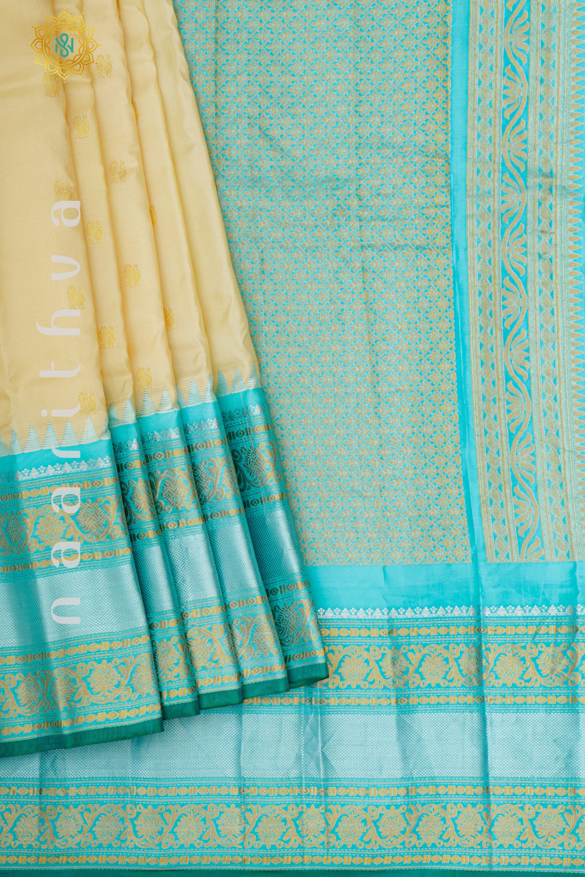 OFF WHITE WITH AQUA BLUE - PURE GADWAL SILK