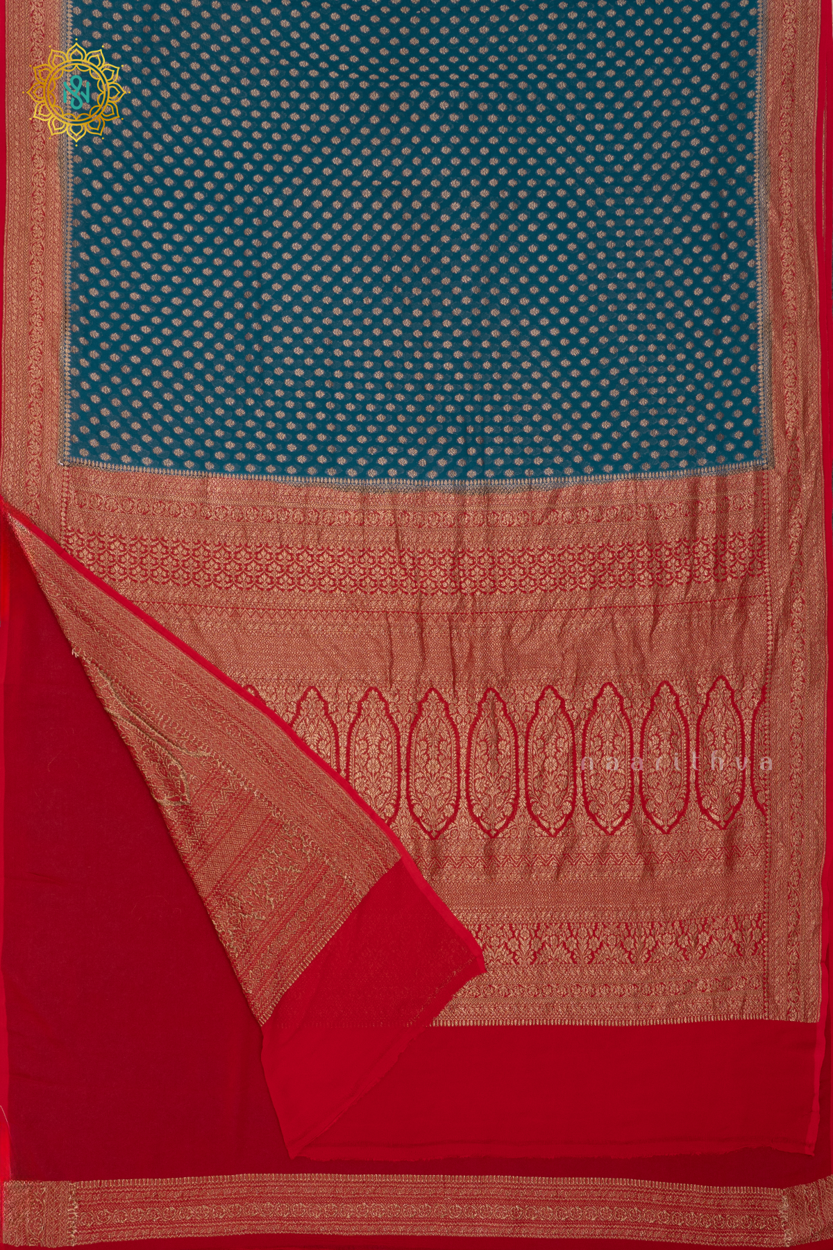 PEACOCK BLUE WITH RED - PURE BANARASI KHADDI GEORGETTE