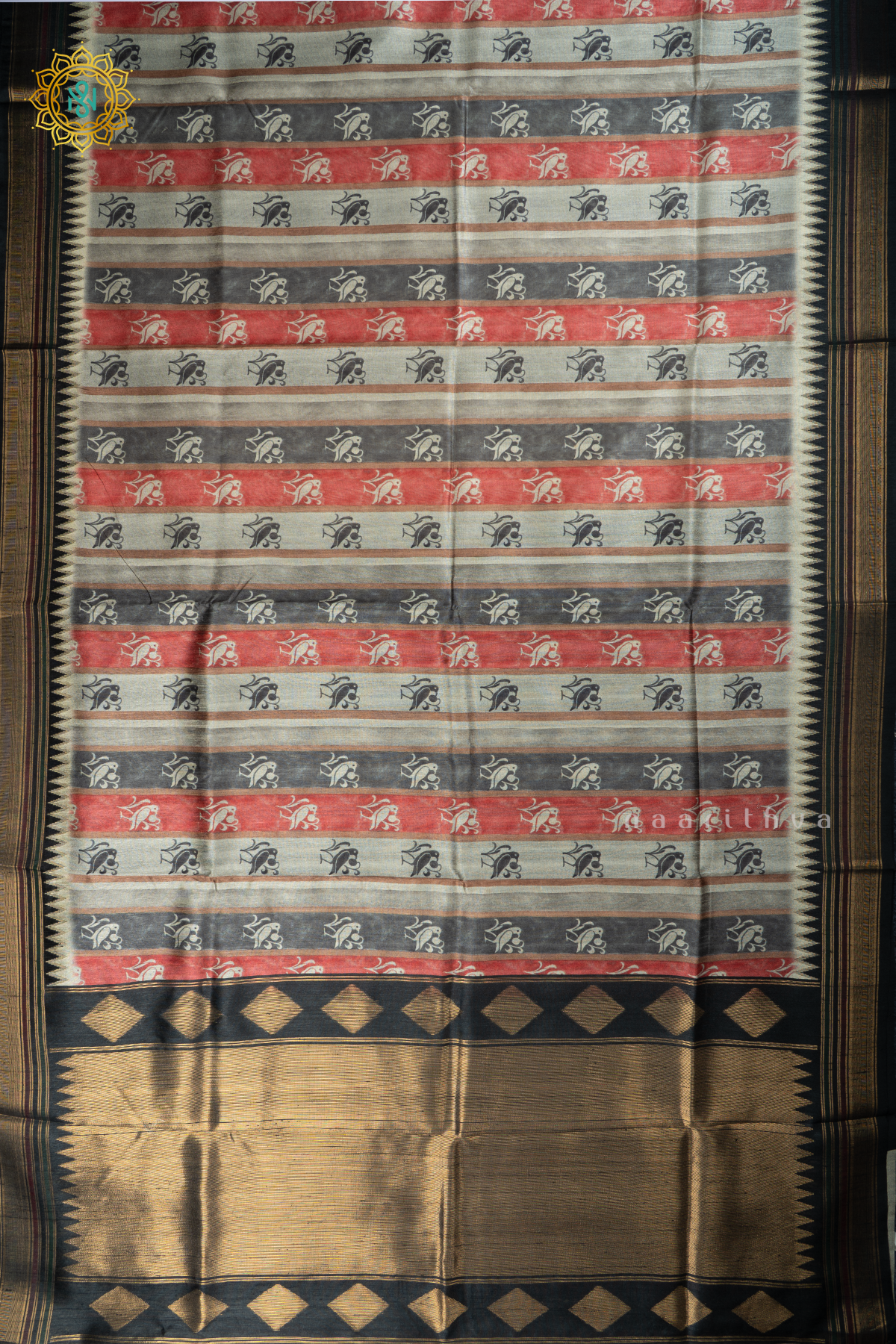 Black With Red Semi Tussar Silk With Printed Body With Zari Border & Pallu