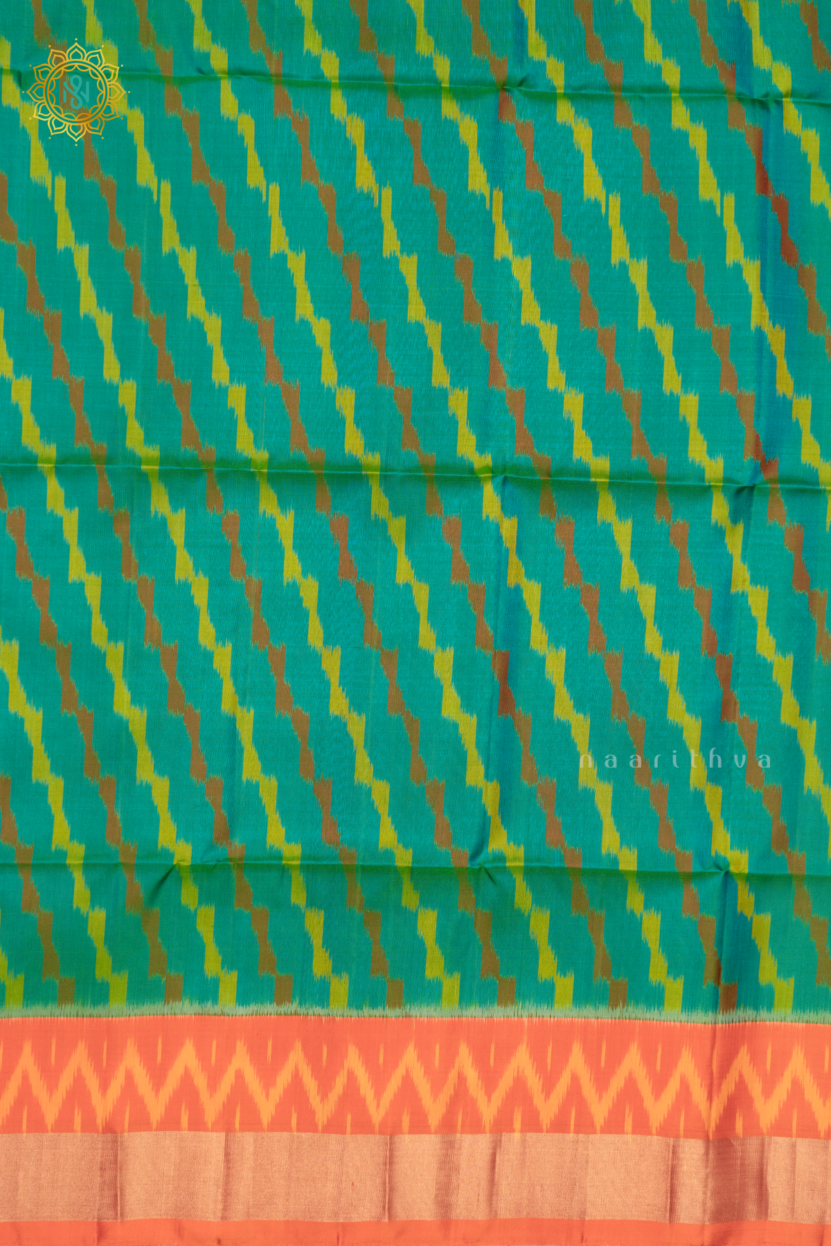 CYAN GREEN WITH ORANGE - PURE KANJIVARAM IKAT SOFT SILK