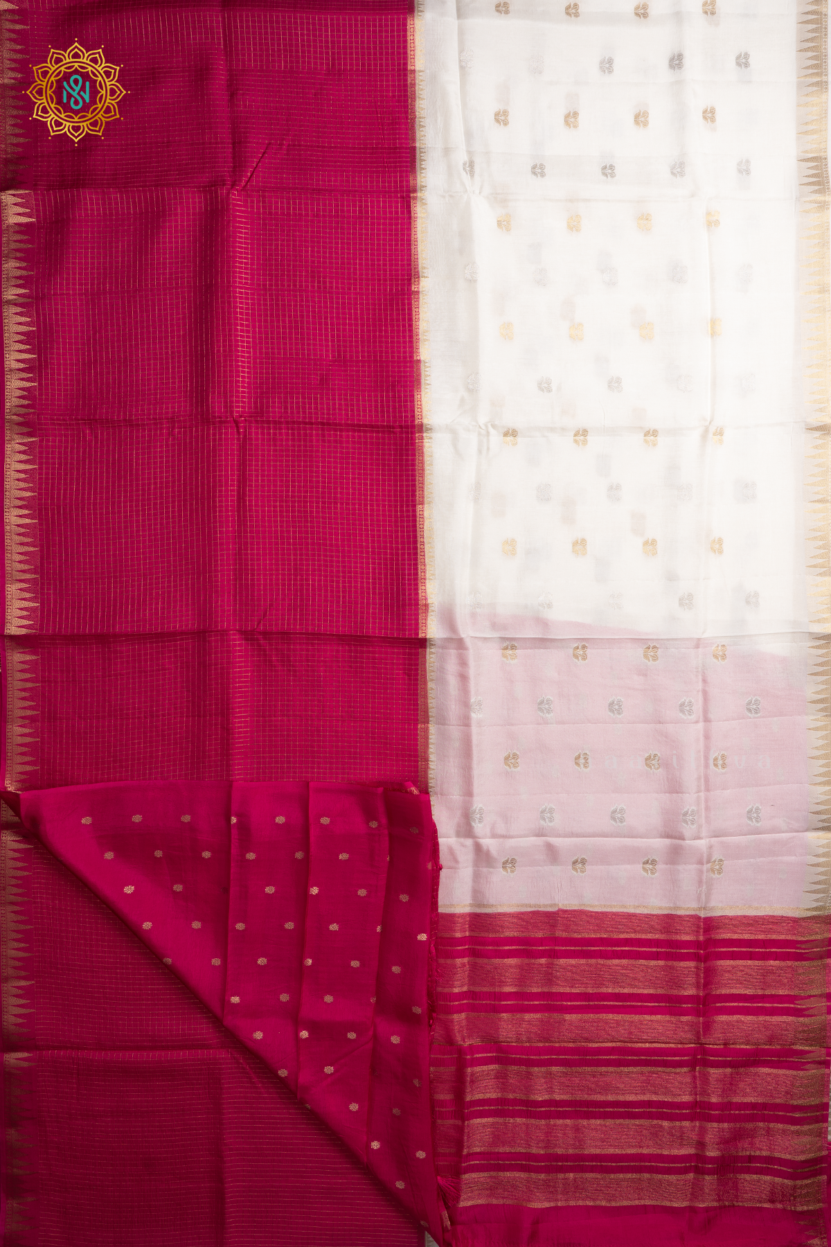 White With Pink Semi Crepe Silk Saree With Zari Checks & Buttas On The Body With Half & Half Pattern