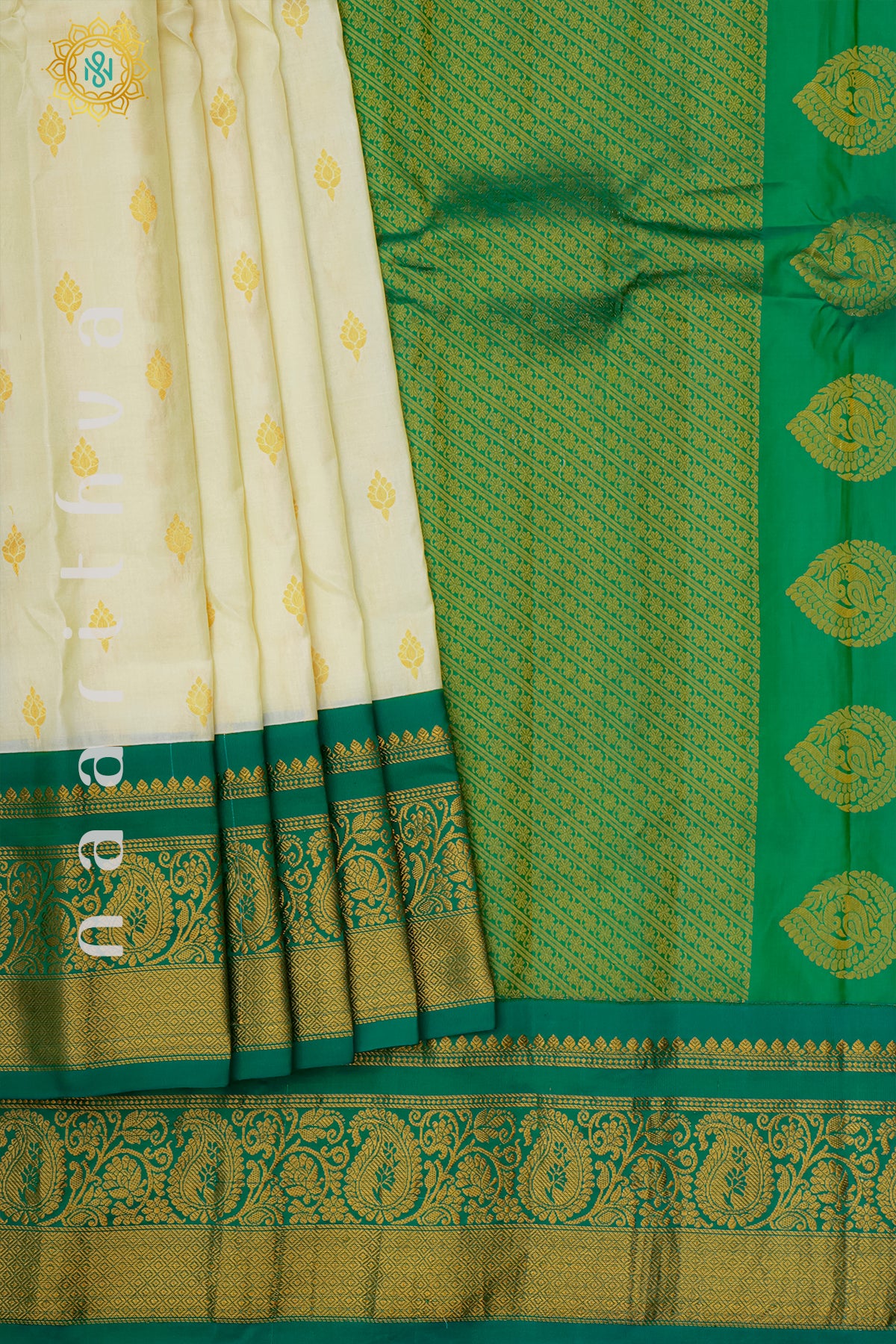 WHITE WITH GREEN - PURE GADWAL SILK