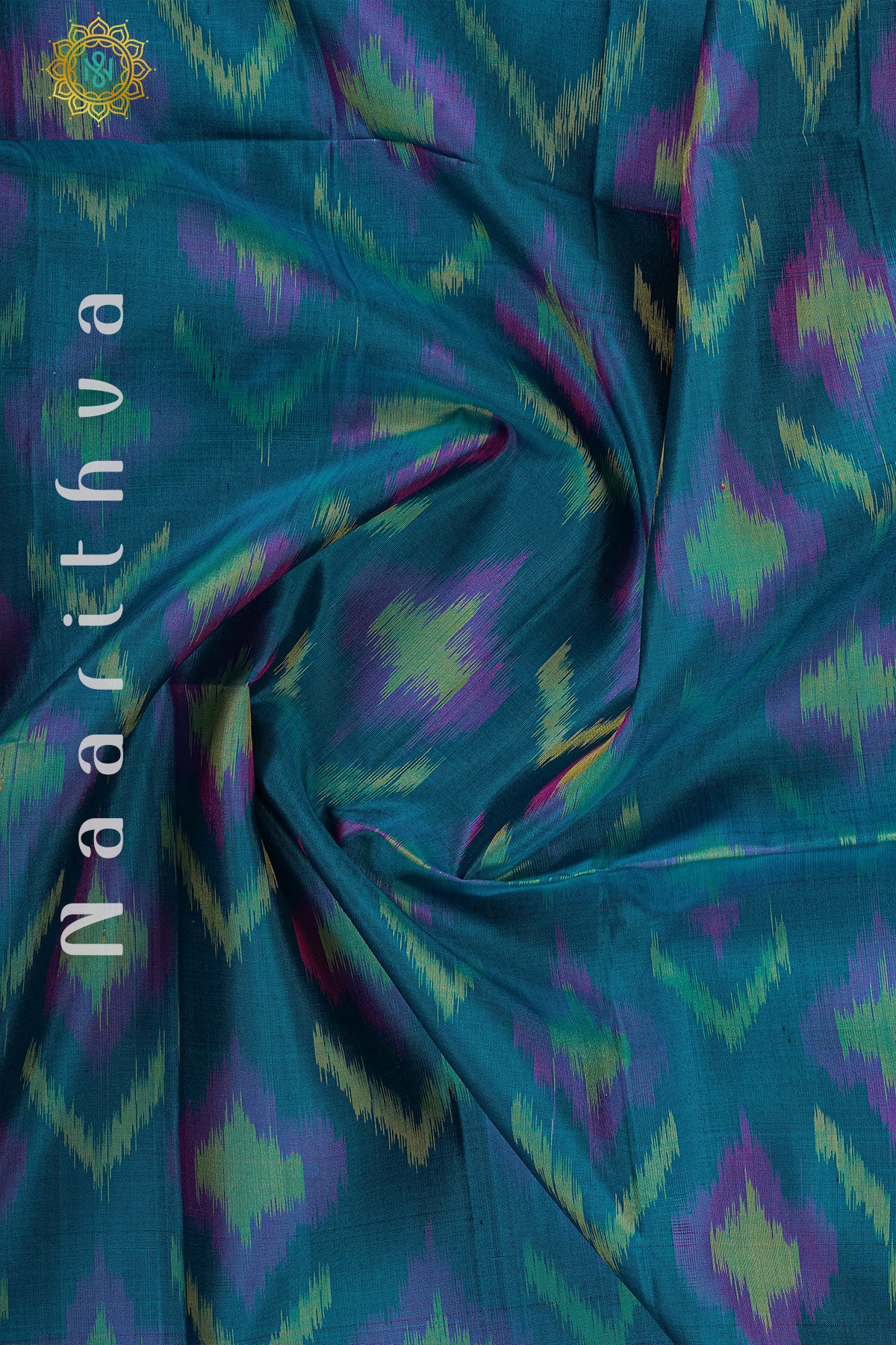 PEACOCK BLUE WITH PINK - PURE IKAT SOFT SILK