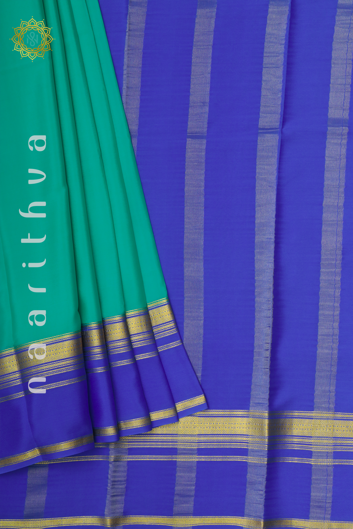 AQUA GREEN WITH ROYAL BLUE - PURE MYSORE CREPE SILK