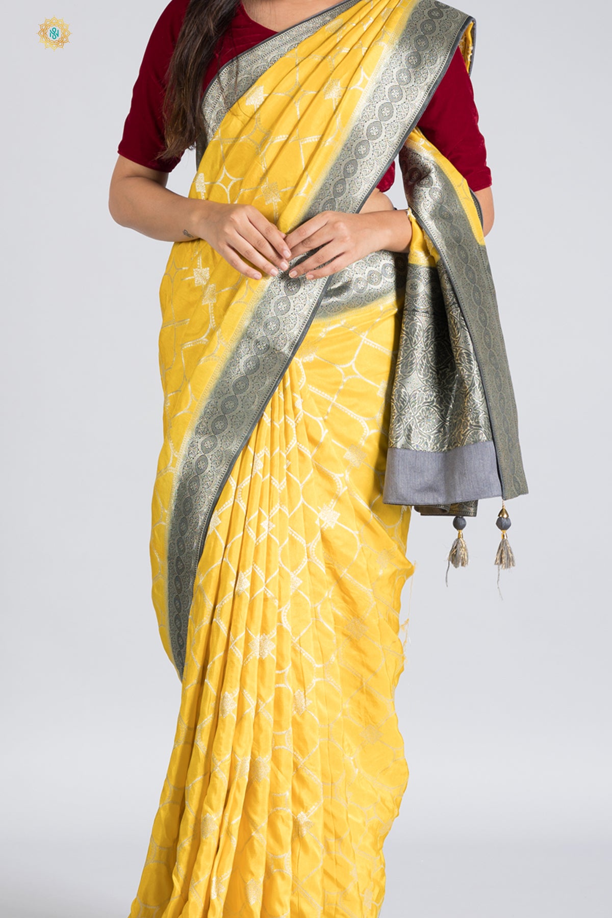 YELLOW WITH GREY - DESIGNER DOLA SILK WITH SILVER ZARI WEAVES & CONTRAST BLOUSE