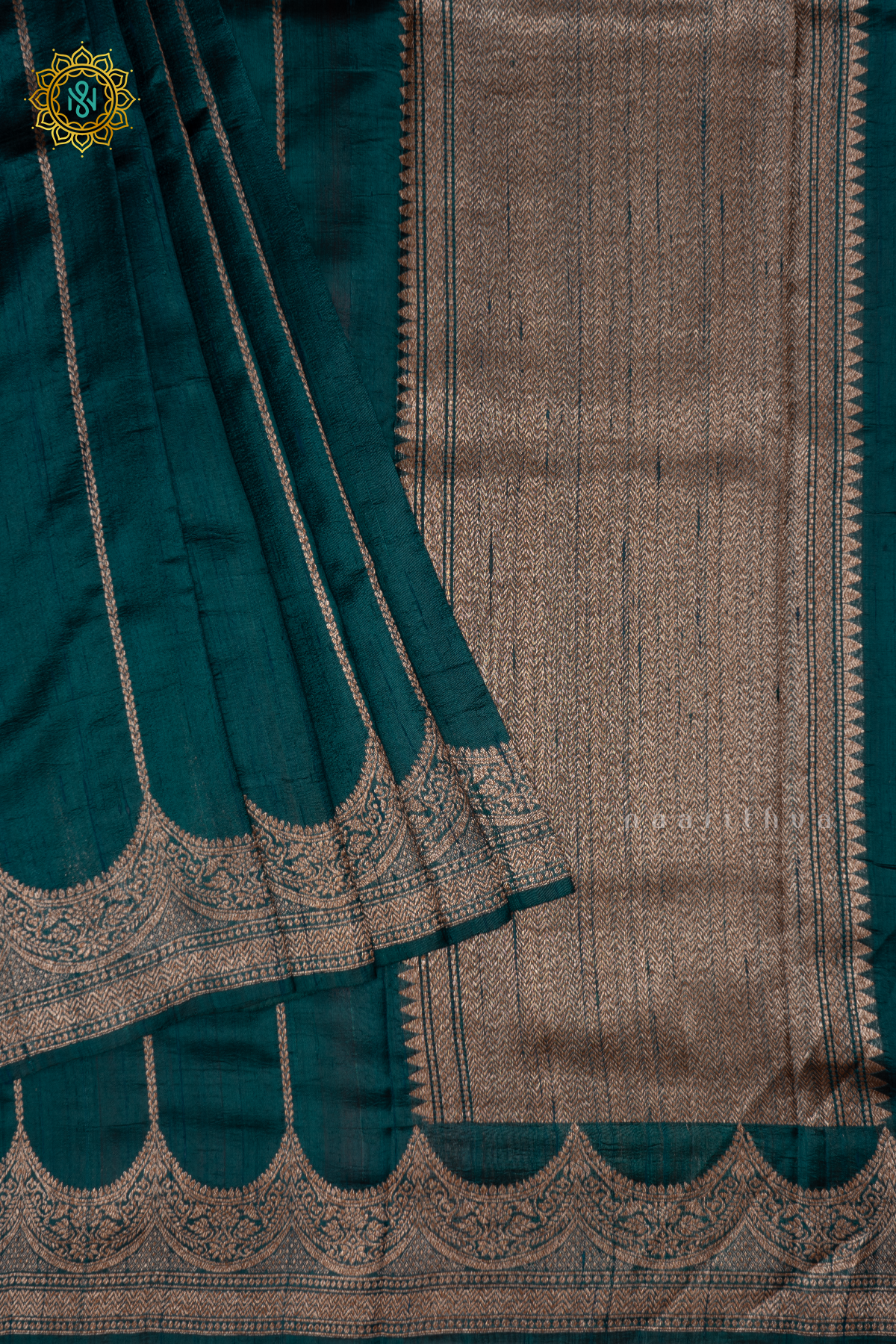PEACOCK GREEN - PURE BANARASI RAW SILK SAREE WITH ALLOVER  ZARI STRIPES AND SCALLOP BORDER