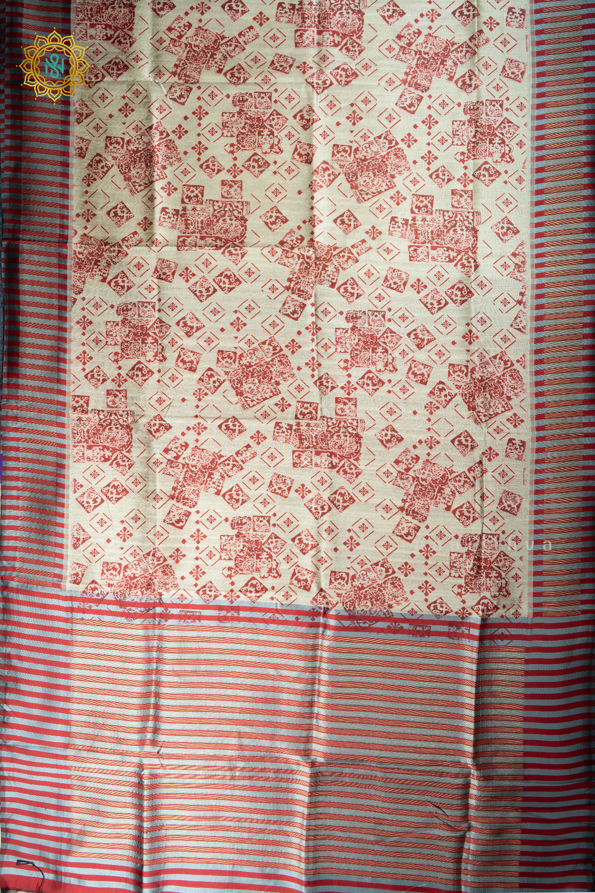 Beige With Red Semi Tussar Silk With Printed Body With Zari Border & Pallu