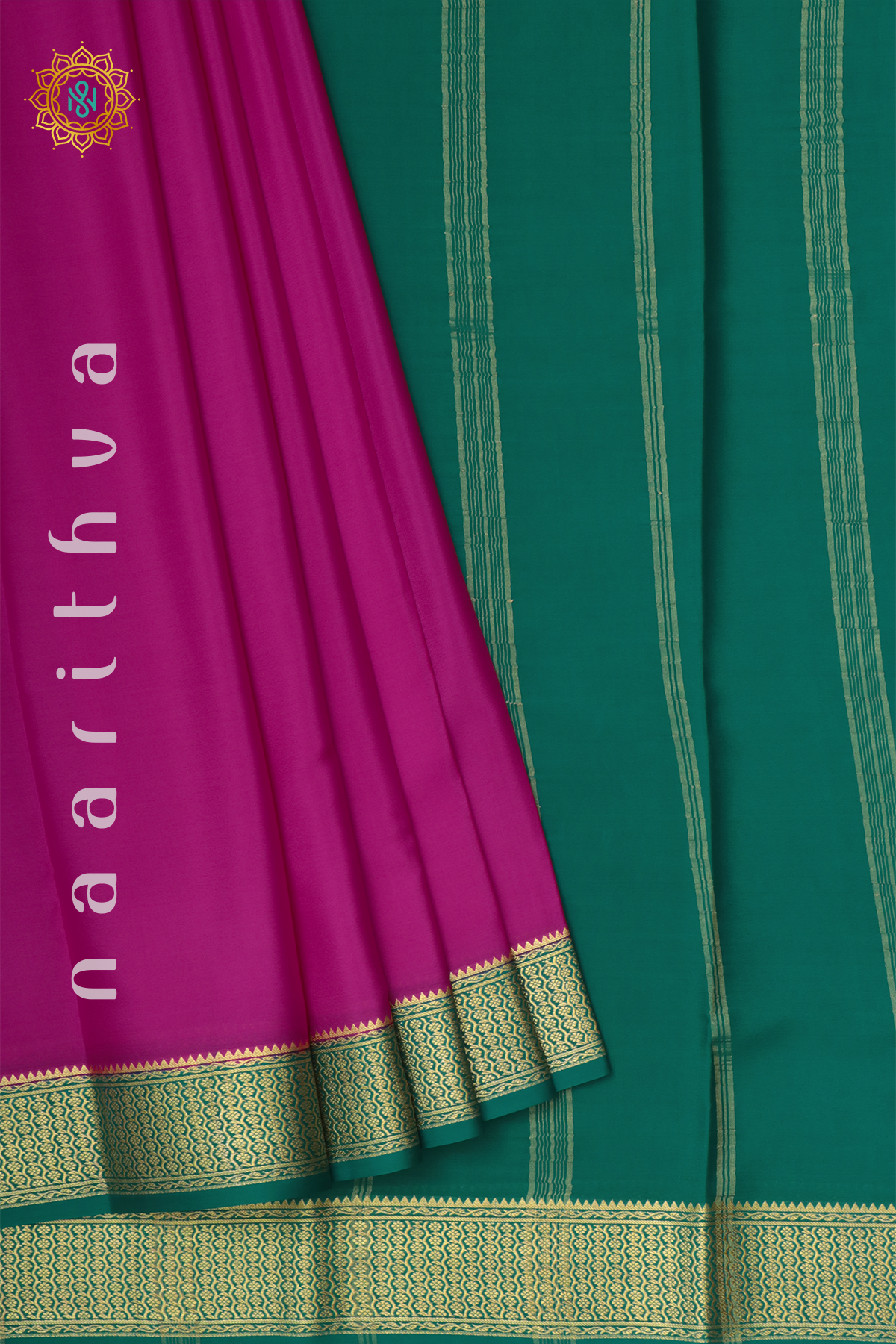 PINK WITH PEACOCK GREEN - PURE MYSORE CREPE SILK