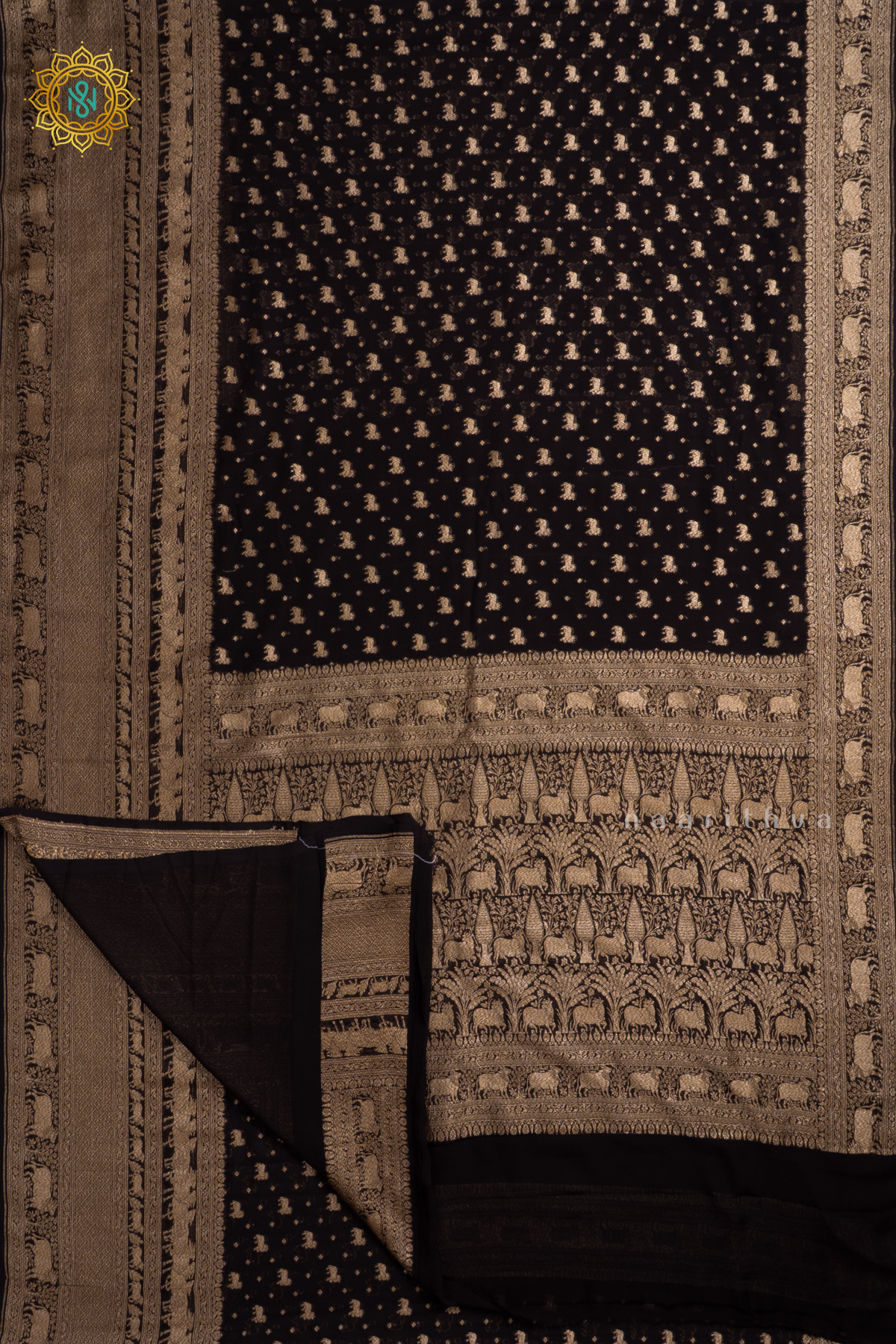 Black Pure Banarasi Khaddi Georgette Allover Antique Zari Buttas On The Body With Contrast Zari Border & Pallu