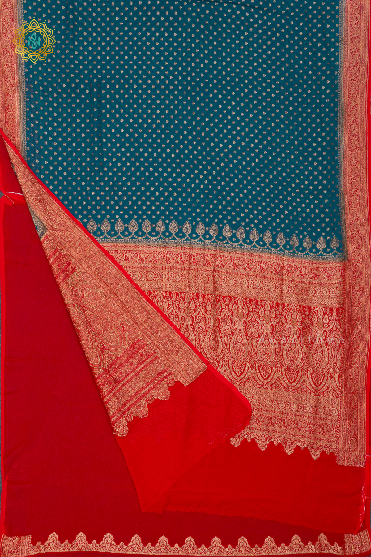 PEACOCK BLUE WITH RED - PURE BANARASI KHADDI GEORGETTE