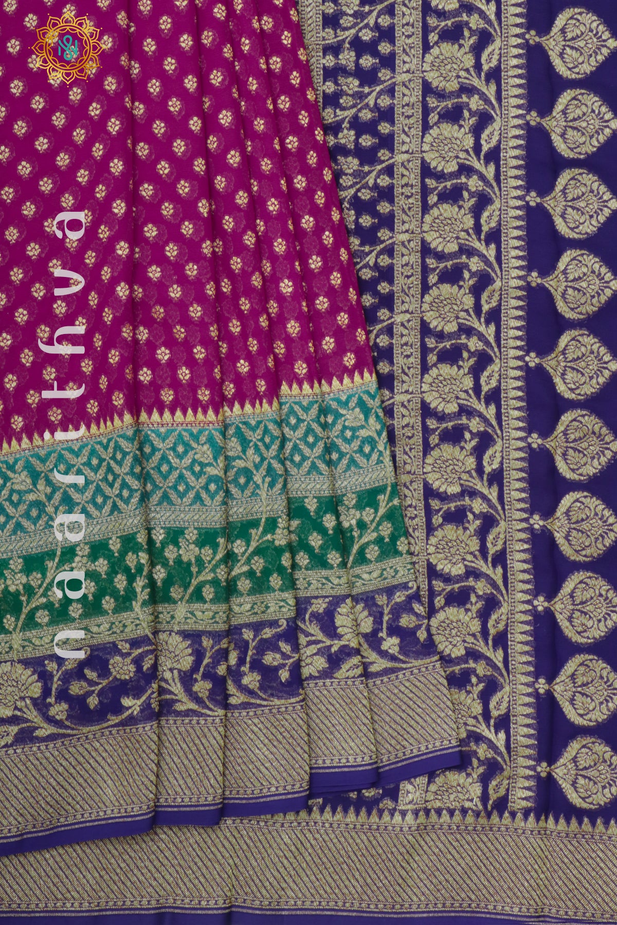 PINK WITH SKY BLUE, GREEN & BLUE - PURE BANARASI KHADDI GEORGETTE