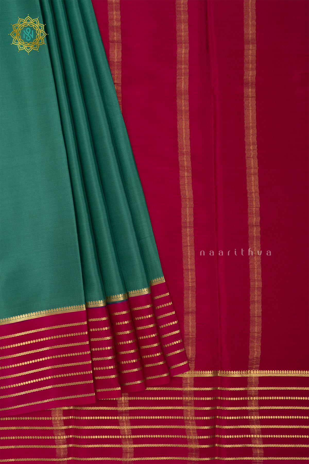 AQUA GREEN WITH PINK - PURE MYSORE CREPE SILK