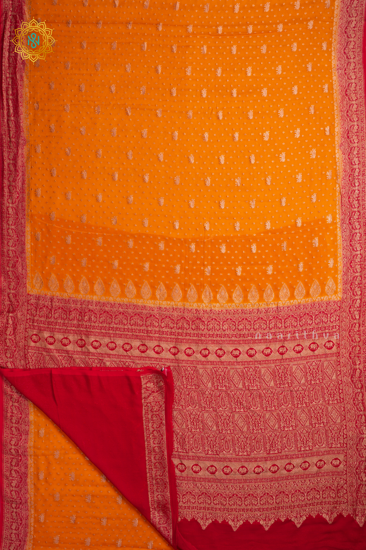 Yellow With Red Pure Banarasi Khaddi Georgette Allover Antique Zari Buttas On The Body With Contrast Zari Border & Pallu