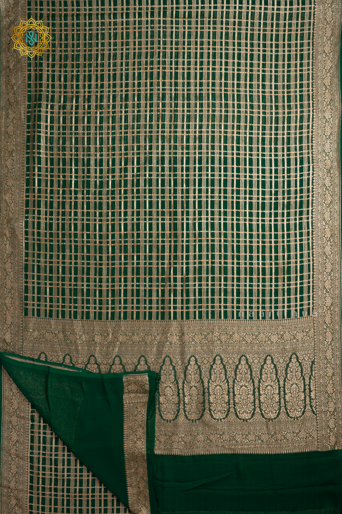 Green Pure Banarasi Khaddi Georgette Allover Antique Zari Checks On The Body With Contrast Zari Border & Pallu