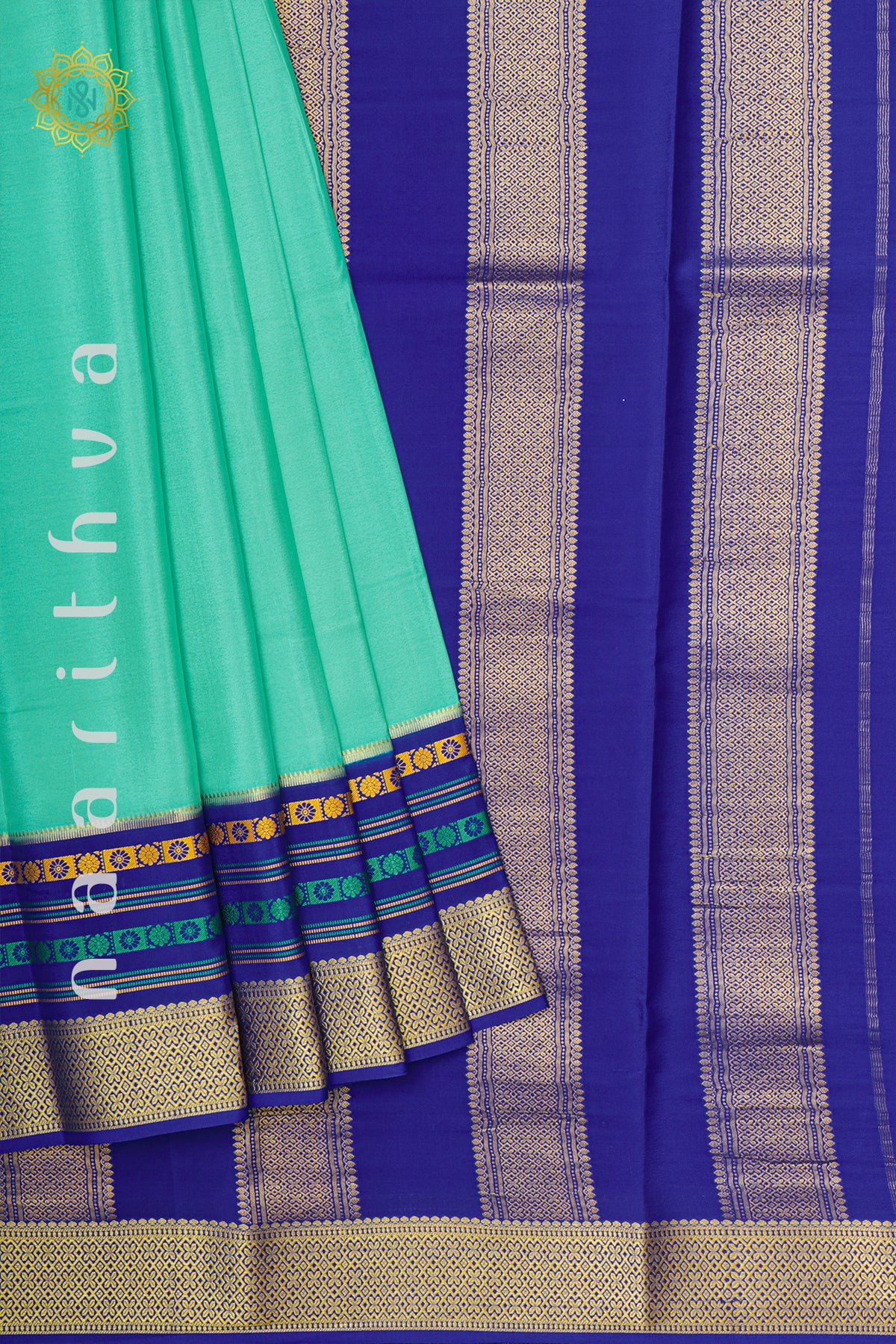 AQUA BLUE WITH BLUE - PURE MYSORE CREPE SILK