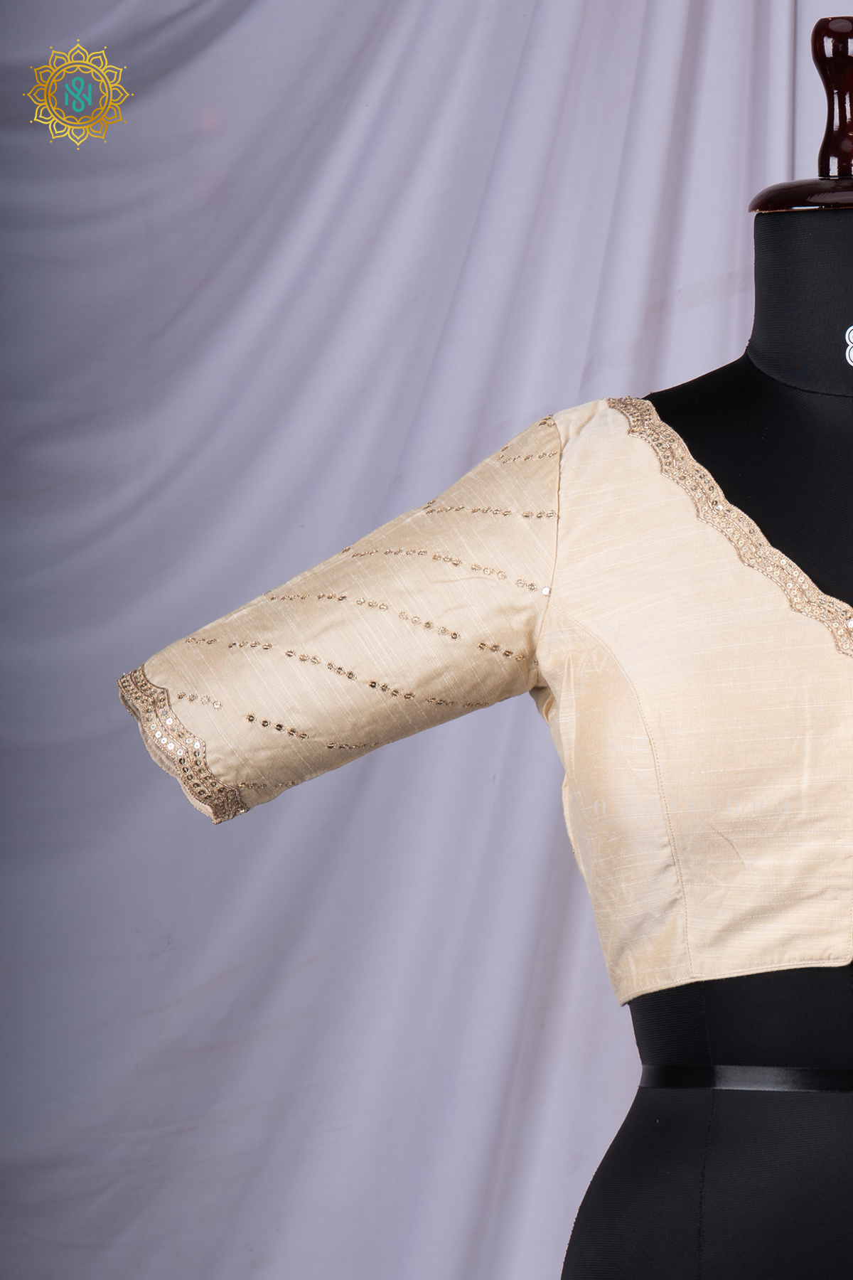 White Cotton Silk Readymade Blouse with a Scalloped Neckline and Sequin Work