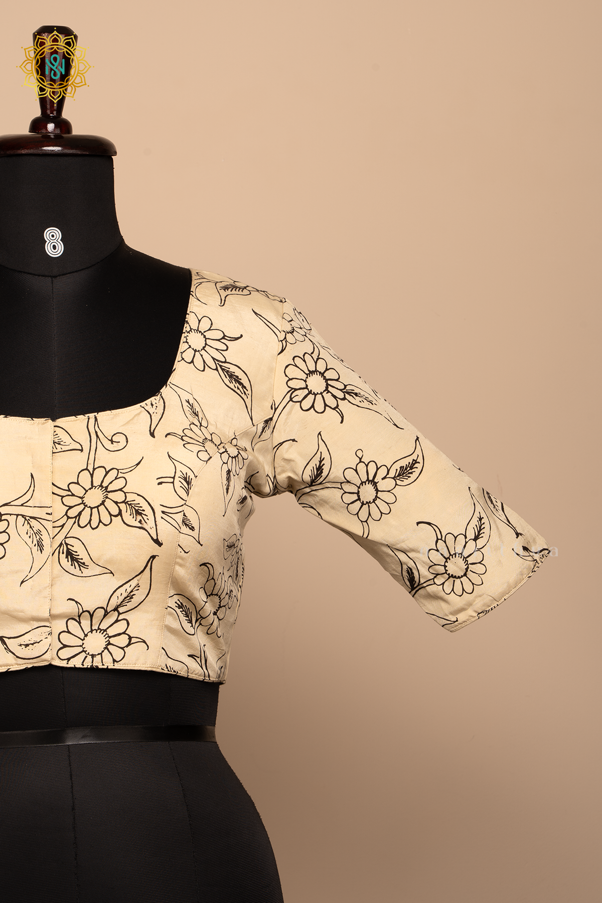 Off White-  Pure Silk Pen kalamkari readymade blouse with allover kalamkari prints