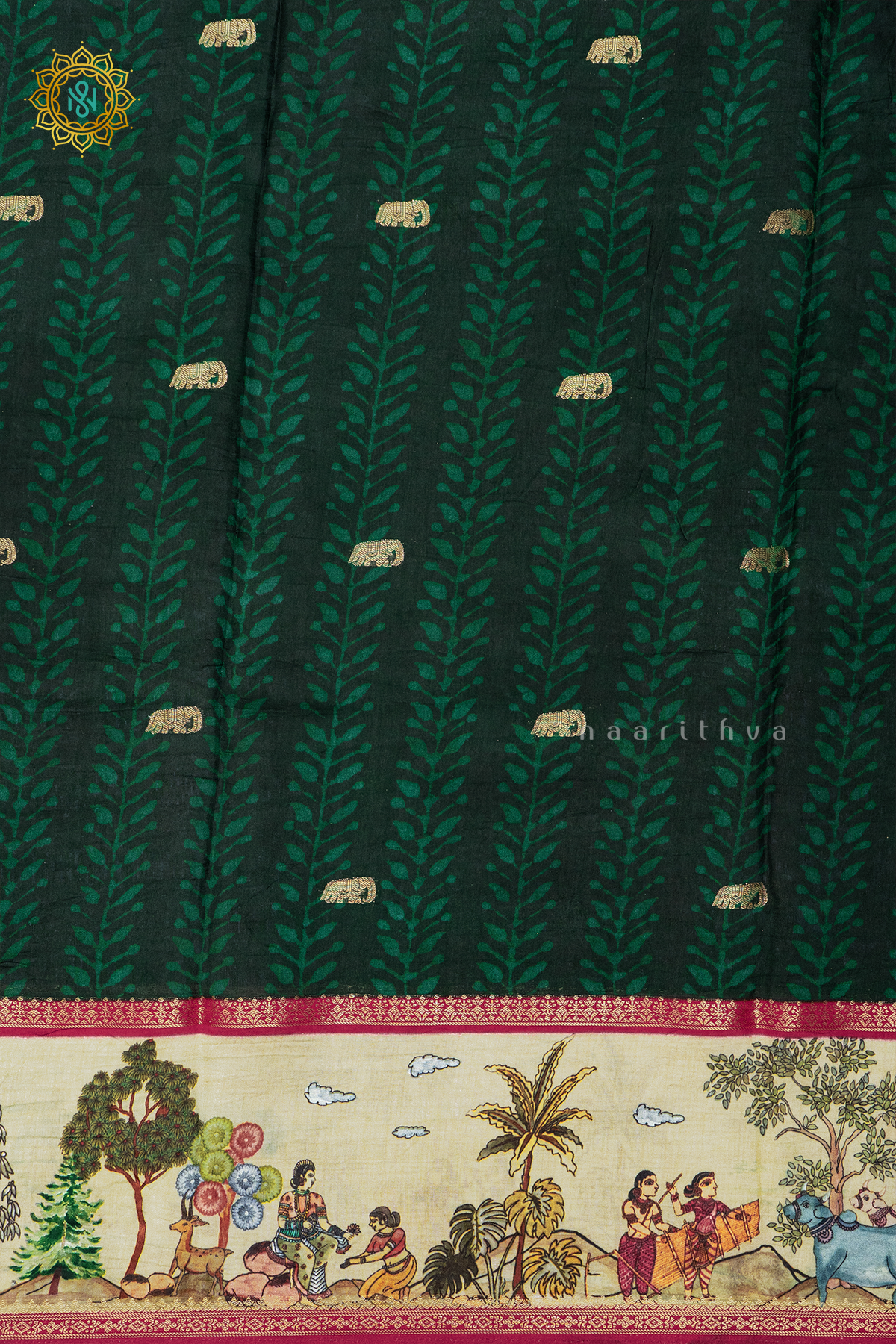 BOTTLE GREEN WITH RED - SEMI CREPE SILK