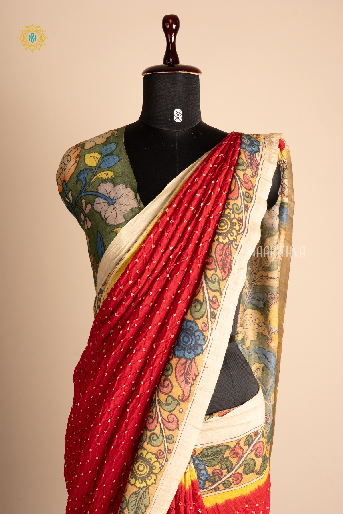 Red Pure Tussar Silk Saree with All-Over Small Bhandhini Tie-Dye Design and Hand-Painted Pen Kalamkari Work on the Border, Pallu and Blouse