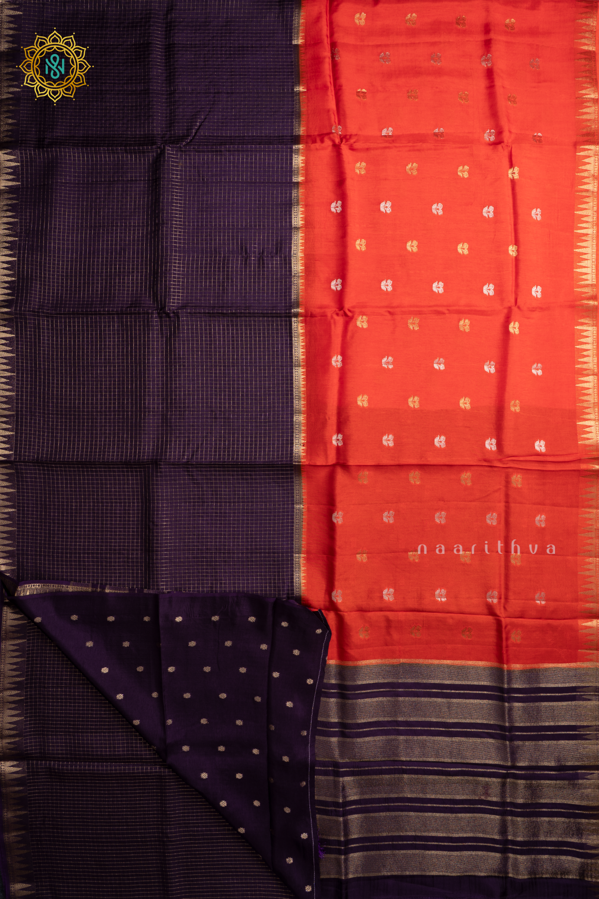 Orange With Purple Semi Crepe Silk Saree With Zari Checks & Buttas On The Body With Half & Half Pattern