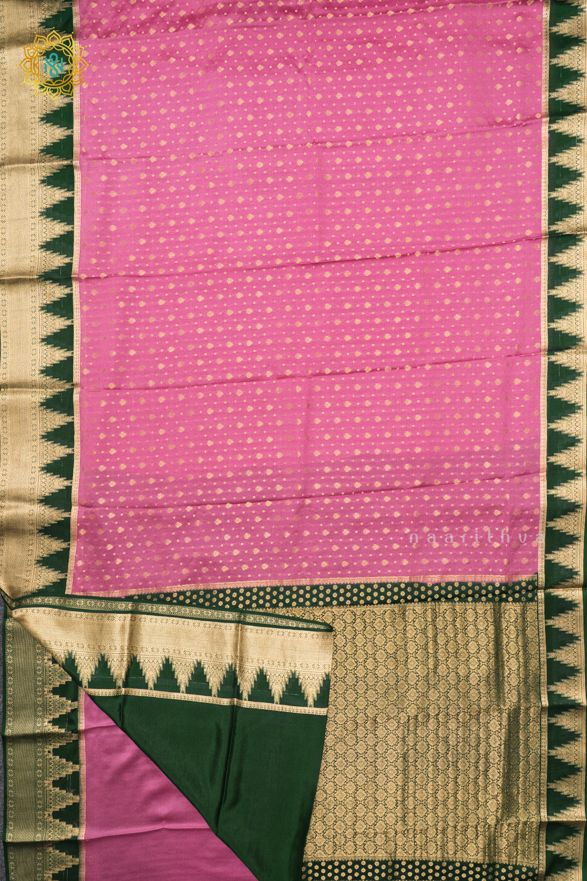 LIGHT PINK WITH GREEN - PURE MYSORE CREPE SILK
