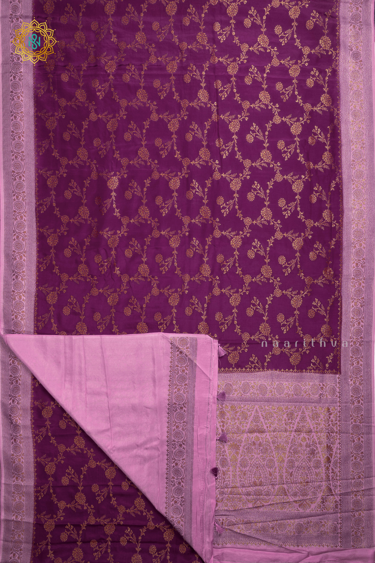 Wine with Lavender Semi Crepe Silk with Allover Woven Buttas and Contrast Zari Border,Pallu and Blouse