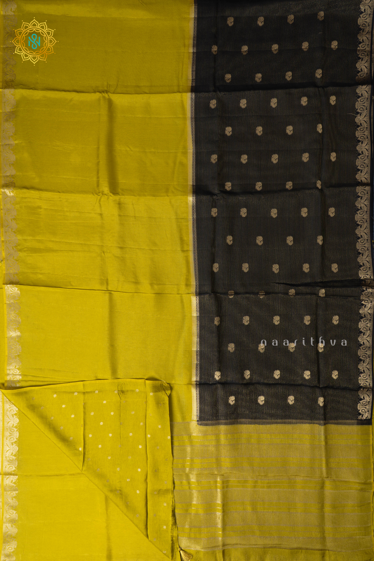 Black With Lemon Yellow Semi Crepe Silk Saree With Zari Stripes & Buttas On The Body With Half & Half Pattern
