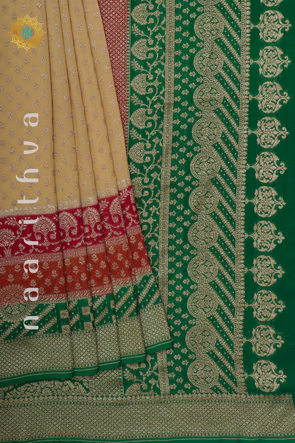 BEIGE WITH RED, ORANGE & GREEN - PURE BANARASI KHADDI GEORGETTE