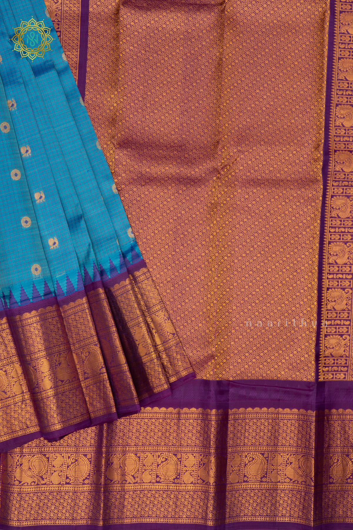 Blue With Purple Pure Gadwal Silk Saree With Zari Woven Buttas And Contrast Zari Border