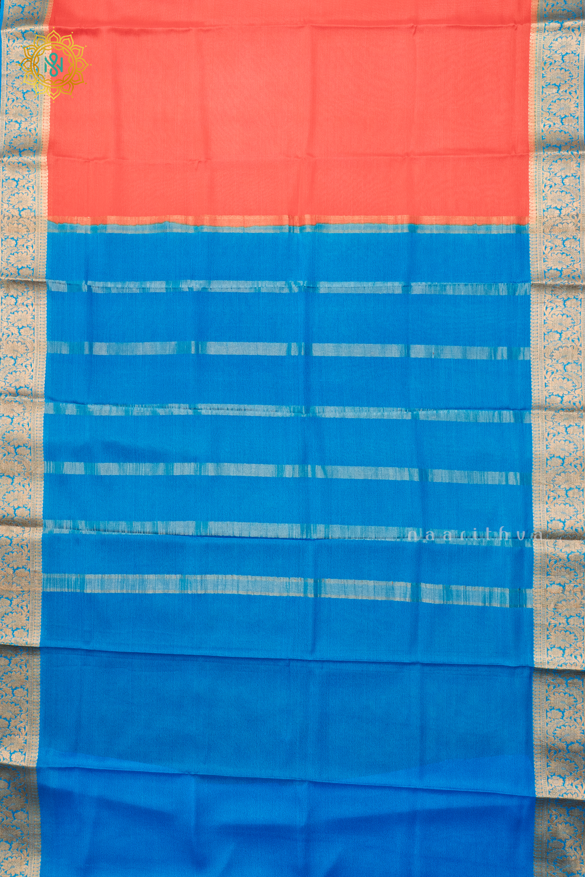 PEACHISH ORANGE WITH SKY BLUE - PURE MYSORE CREPE SILK