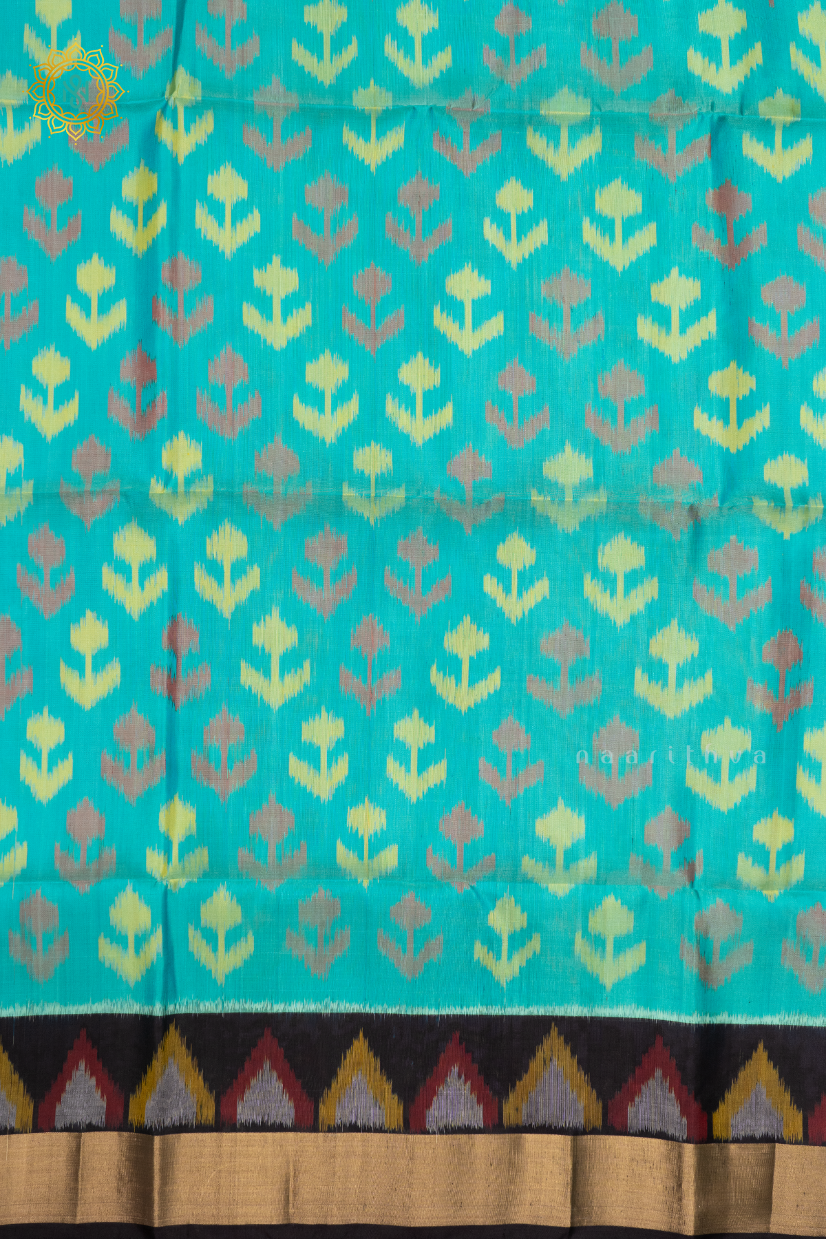 CYAN GREEN WITH BLACK - PURE KANJIVARAM IKAT SOFT SILK