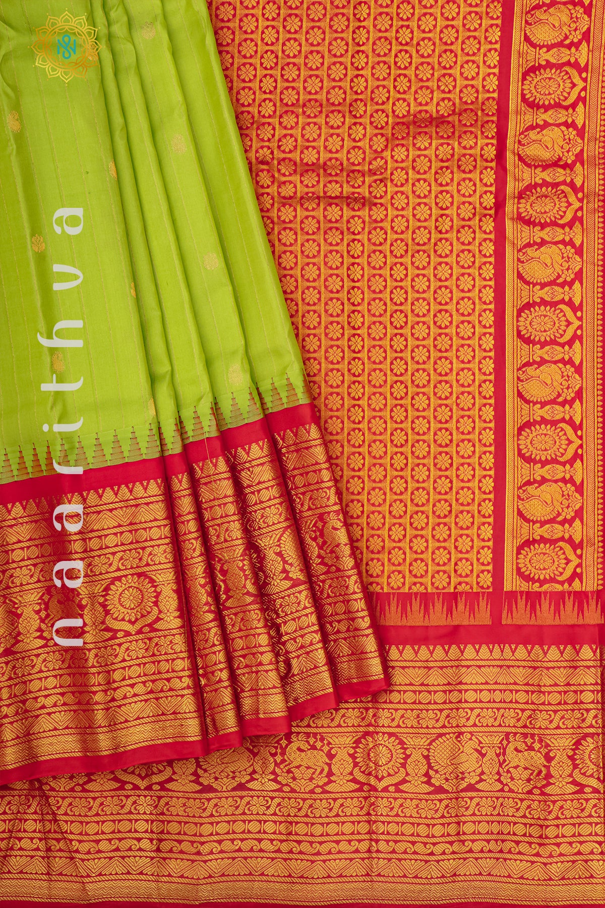 PARROT GREEN WITH RED - PURE GADWAL SILK