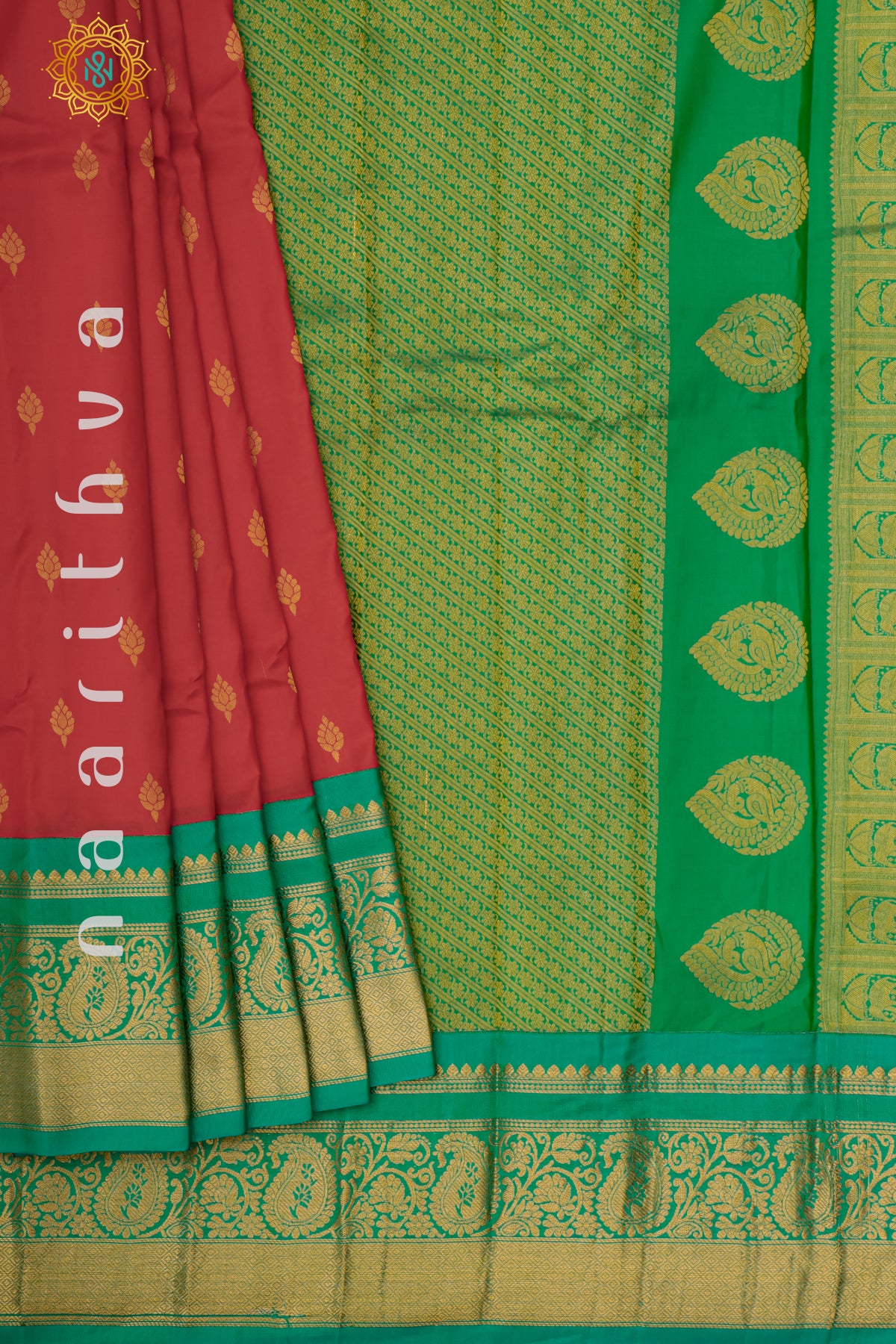 RED WITH GREEN - PURE GADWAL SILK