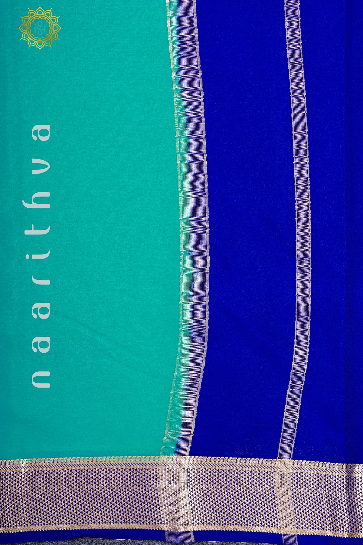 AQUA BLUE WITH ROYAL BLUE - PURE MYSORE CREPE SILK