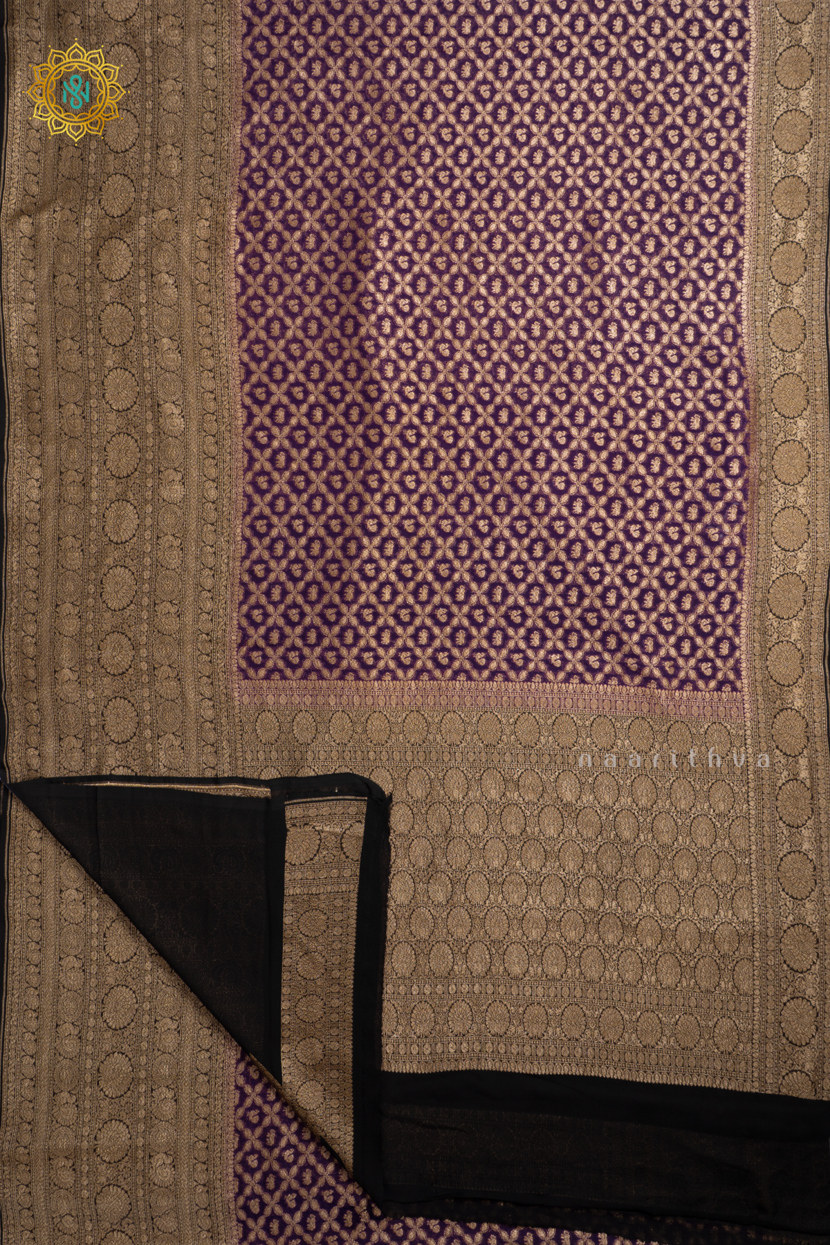 Purple With Black Pure Banarasi Khaddi Georgette Brocade Body With Contrast Zari Border & Pallu