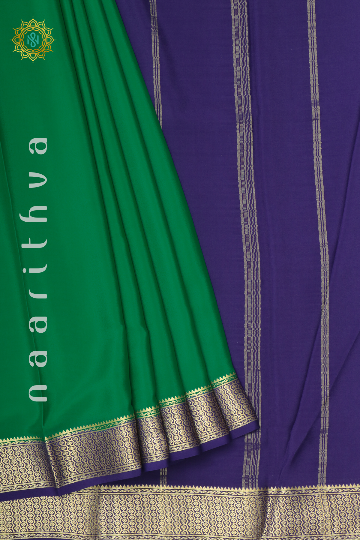 GREEN WITH NAVY BLUE - PURE MYSORE CREPE SILK