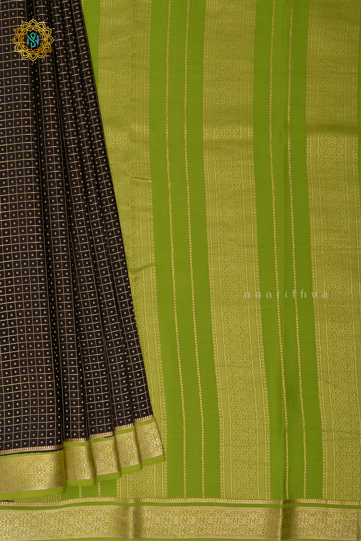 BLACK WITH PARROT GREEN - PURE MYSORE CREPE SILK