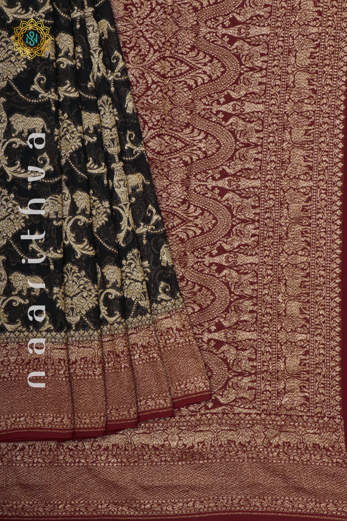 BLACK WITH MAROON - PURE BANARASI KHADDI GEORGETTE