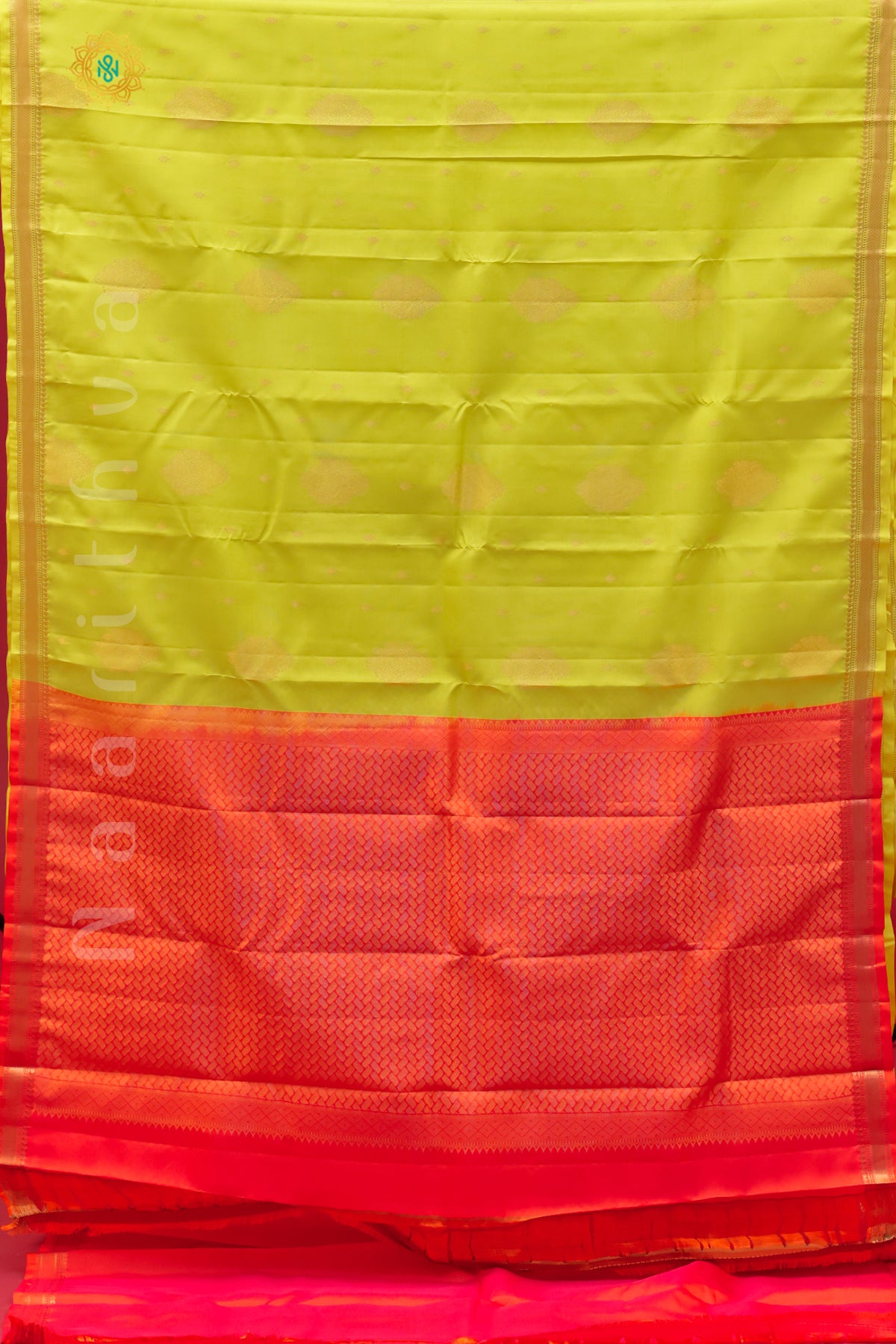 LEMON YELLOW WITH ORANGISH RED - KANJIVARAM SILK WITH ZARI WOVEN CONTRAST PALLU