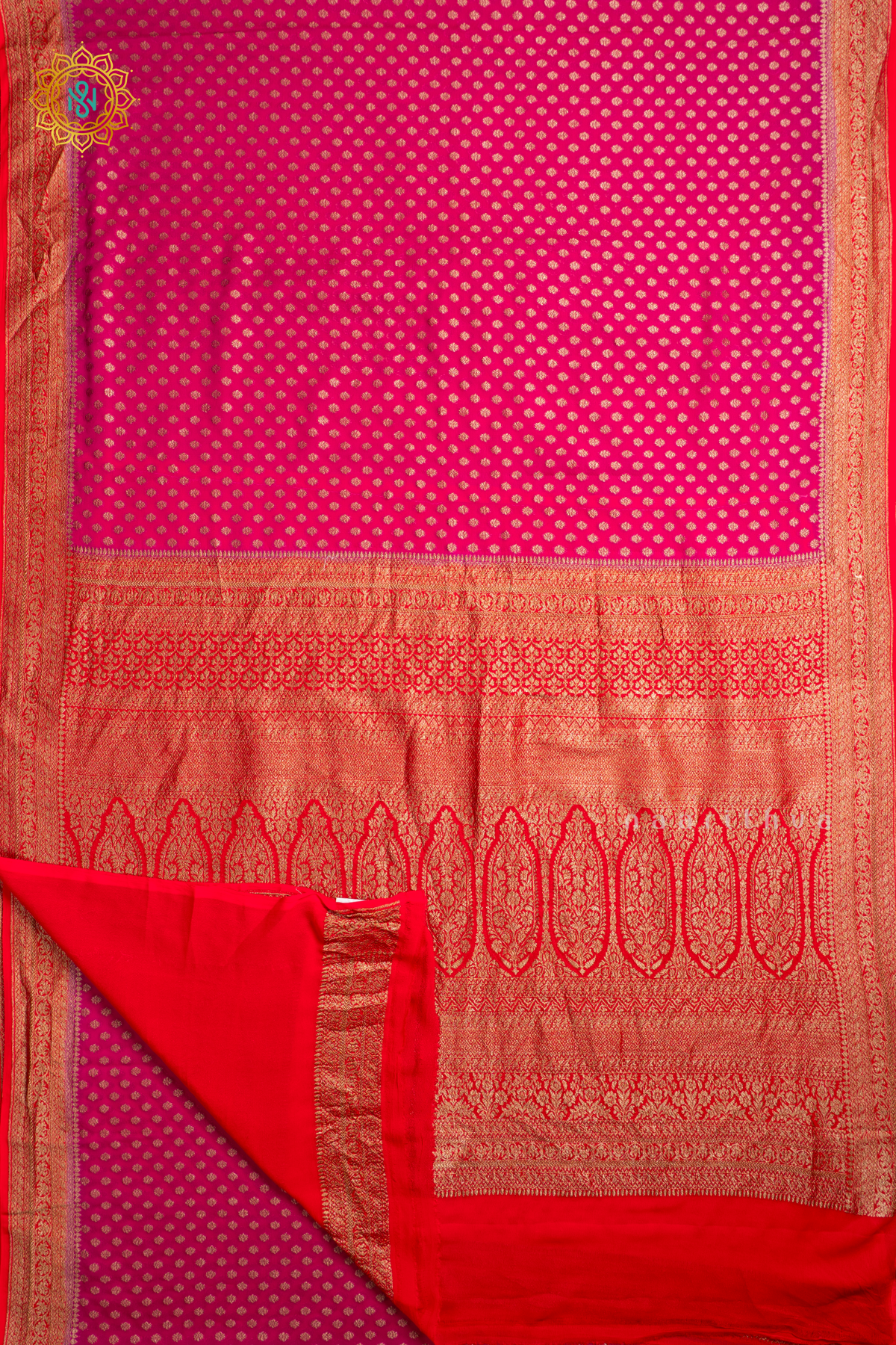 Pink With Orange Pure Banarasi Khaddi Georgette Allover Antique Zari Buttas On The Body With Contrast Zari Border & Pallu